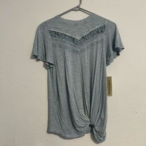NWT S Rewind Blue Twist‎ Hem Burn Wash Flowy Lacey Flutter Sleeve Tee Shirt